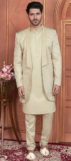 Green color IndoWestern Dress in Art Silk fabric with Embroidered, Thread work