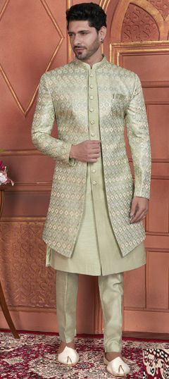 Green color IndoWestern Dress in Art Silk fabric with Thread work