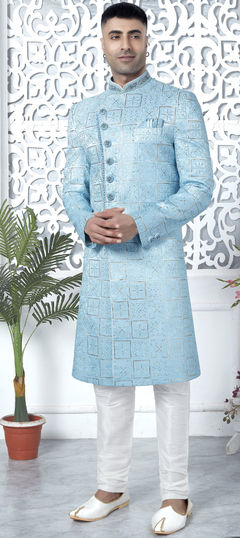 Blue color Sherwani in Art Silk fabric with Embroidered, Sequence, Thread work