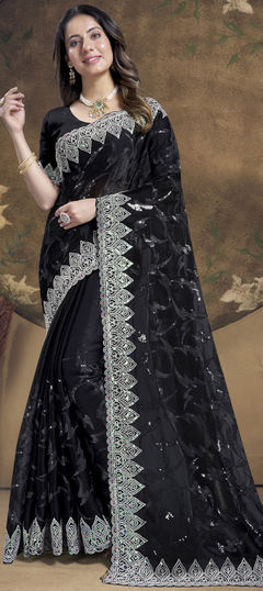 Black and Grey color Saree in Silk fabric with Embroidered, Sequence, Thread work