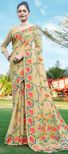 Party Wear, Traditional Beige and Brown color Saree in Cotton fabric with Bengali Printed work : 1941988