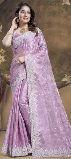 Purple and Violet color Saree in Silk fabric with Embroidered, Sequence, Thread work