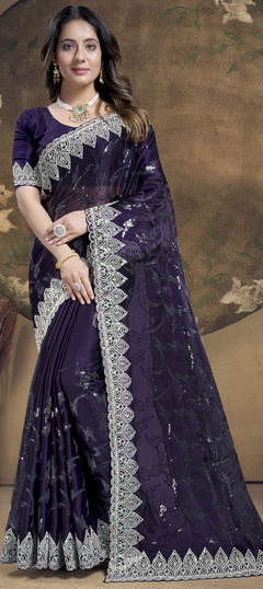 Purple and Violet color Saree in Silk fabric with Embroidered, Sequence, Thread work