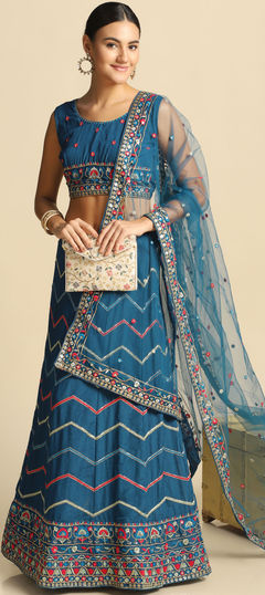 Engagement, Festive, Reception Blue color Lehenga in Silk fabric with Flared Thread work : 1942006