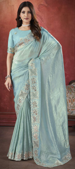 Blue color Saree in Silk fabric with Embroidered, Stone, Thread work