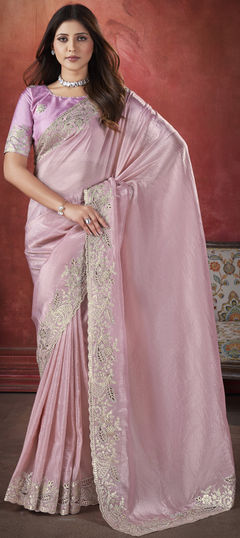 Pink and Majenta color Saree in Silk fabric with Embroidered, Stone, Thread work