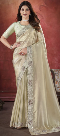 Beige and Brown color Saree in Silk fabric with Embroidered, Stone, Thread work