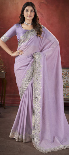 Purple and Violet color Saree in Silk fabric with Embroidered, Stone, Thread work