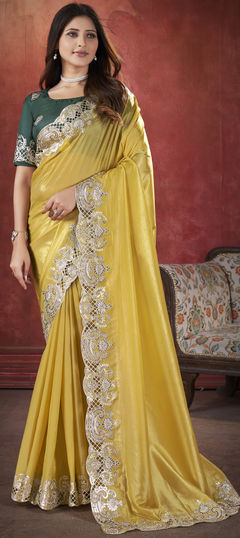 Yellow color Saree in Silk fabric with Embroidered, Stone, Thread work