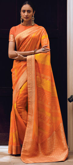 Orange, Yellow color Saree in Viscose fabric with Bandhej, Printed, Weaving work