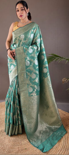 Blue color Saree in Cotton fabric with Weaving, Zari work