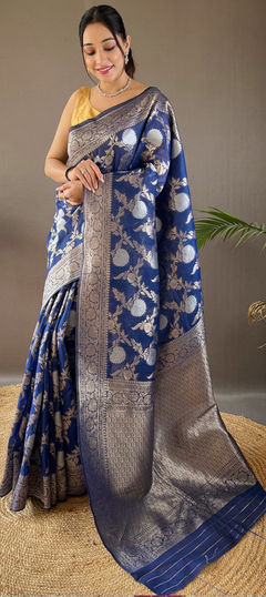 Blue color Saree in Cotton fabric with Weaving, Zari work