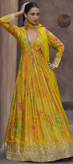 Engagement, Reception, Wedding Yellow color Gown in Georgette fabric with Embroidered, Printed, Sequence, Thread, Zari work : 1942270