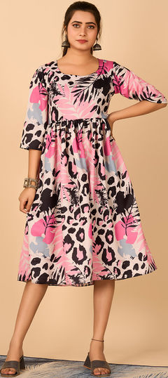 Pink and Majenta color Dress in Muslin fabric with Printed work