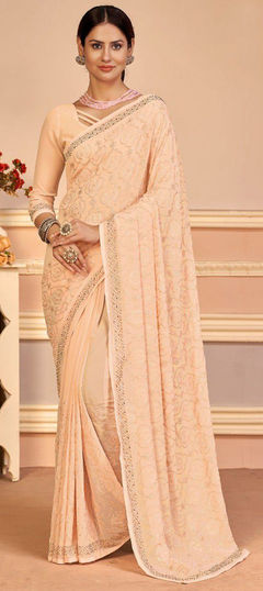 Pink and Majenta color Saree in Georgette fabric with Stone, Swarovski work