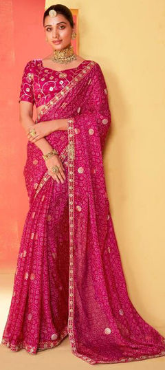 Pink and Majenta color Saree in Chiffon fabric with Bandhej, Embroidered, Printed work