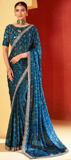 Blue color Saree in Chiffon fabric with Bandhej, Embroidered, Printed work
