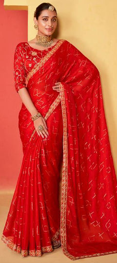 Red and Maroon color Saree in Chiffon fabric with Bandhej, Embroidered, Printed work