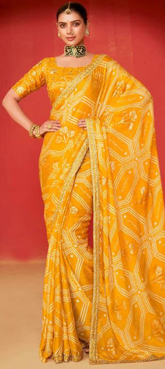 Yellow color Saree in Chiffon fabric with Bandhej, Embroidered, Printed work