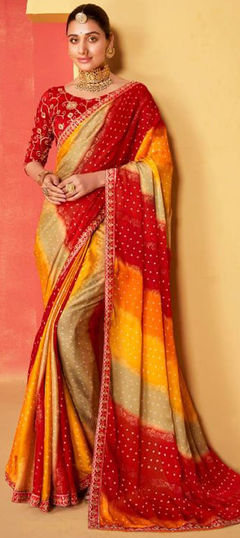 Multicolor color Saree in Chiffon fabric with Bandhej, Embroidered, Printed work