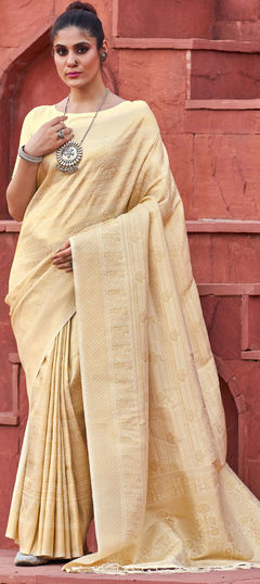 Beige and Brown color Saree in Blended fabric with Weaving work