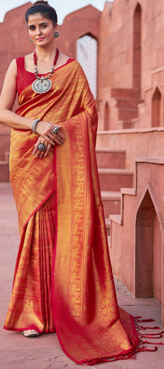 Red and Maroon color Saree in Blended fabric with Weaving work