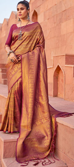 Red and Maroon color Saree in Blended fabric with Weaving work