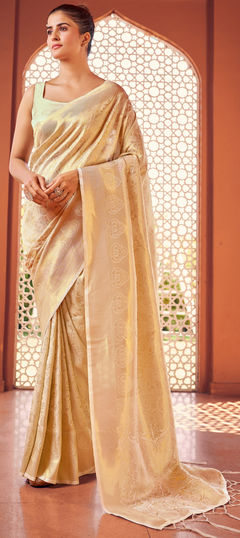 Beige and Brown color Saree in Blended fabric with Weaving, Zari work