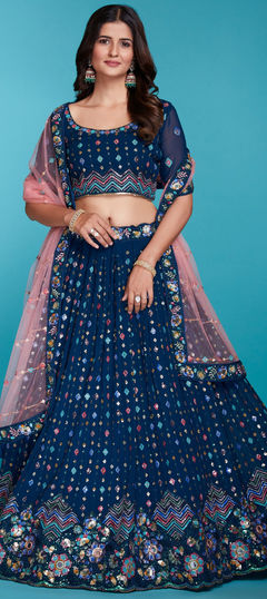 Festive, Reception Blue color Lehenga in Georgette fabric with Flared Mirror, Sequence, Thread work : 1942471