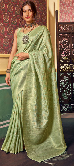 Green color Saree in Silk cotton fabric with Weaving, Zari work