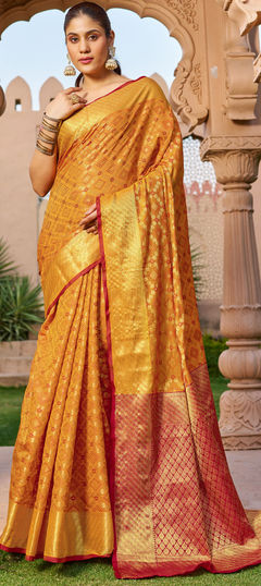 Orange color Saree in Blended fabric with Weaving, Zari work