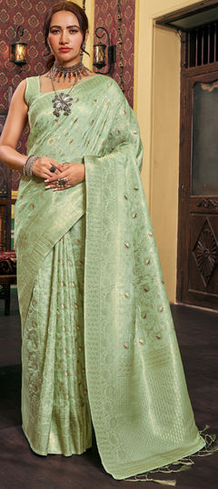 Green color Saree in Silk cotton fabric with Weaving, Zari work