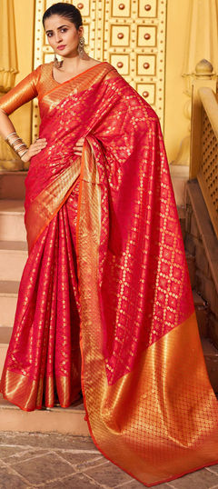 Red and Maroon color Saree in Blended fabric with Weaving, Zari work