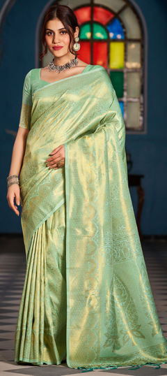 Green color Saree in Blended fabric with Weaving, Zari work