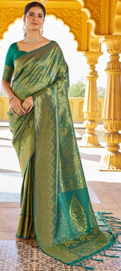 Green color Saree in Blended fabric with Weaving, Zari work