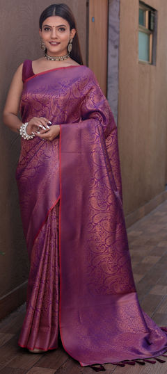 Pink and Majenta color Saree in Kanjeevaram Silk fabric with Weaving work