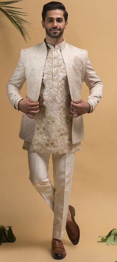 Wedding White and Off White color IndoWestern Dress in Organza Silk fabric with Embroidered, Resham, Zardozi work : 1942546