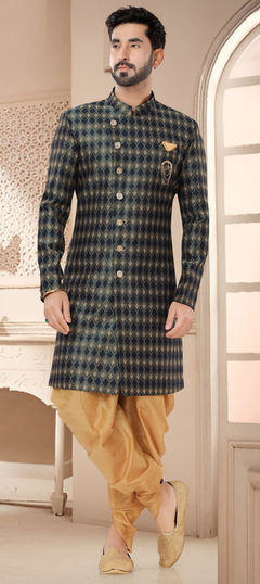 Blue, Green color IndoWestern Dress in Jacquard fabric with Broches, Weaving work
