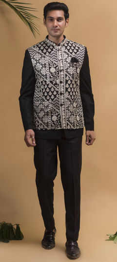 Reception, Wedding Black and Grey color Jodhpuri Suit in Rayon fabric with Embroidered, Resham, Thread work : 1942621