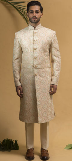 Gold color Sherwani in Silk fabric with Embroidered, Thread work