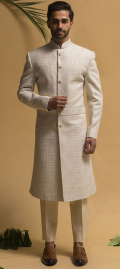 White and Off White color Sherwani in Silk fabric with Embroidered, Sequence, Thread work