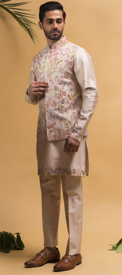 Gold color Kurta Pyjama with Jacket in Silk fabric with Embroidered, Resham, Thread work