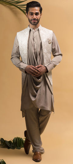 Black and Grey color Kurta Pyjama with Jacket in Silk fabric with Embroidered, Resham, Thread work