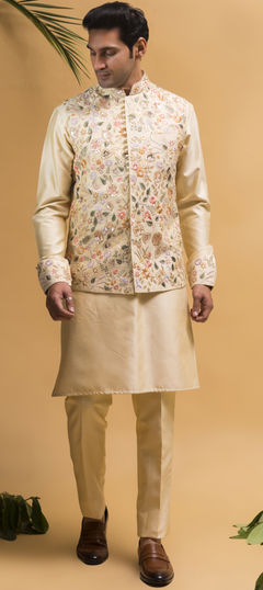 Beige and Brown color Kurta Pyjama with Jacket in Silk fabric with Embroidered, Resham, Thread work