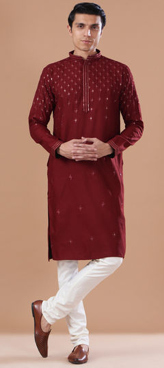 Red and Maroon color Kurta Pyjamas in Rayon fabric with Embroidered, Sequence work