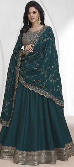 Blue color Gown in Silk fabric with Embroidered, Thread, Zari work