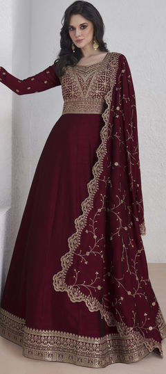 Red and Maroon color Gown in Silk fabric with Embroidered, Thread, Zari work