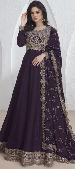 Purple and Violet color Gown in Silk fabric with Embroidered, Thread, Zari work
