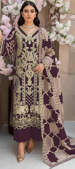 Purple and Violet color Salwar Kameez in Organza Silk fabric with Embroidered, Sequence, Thread work