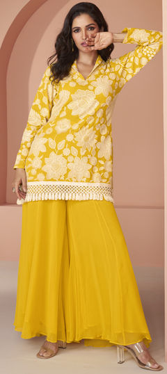 Yellow color Salwar Kameez in Georgette fabric with Embroidered, Lace, Sequence, Thread work